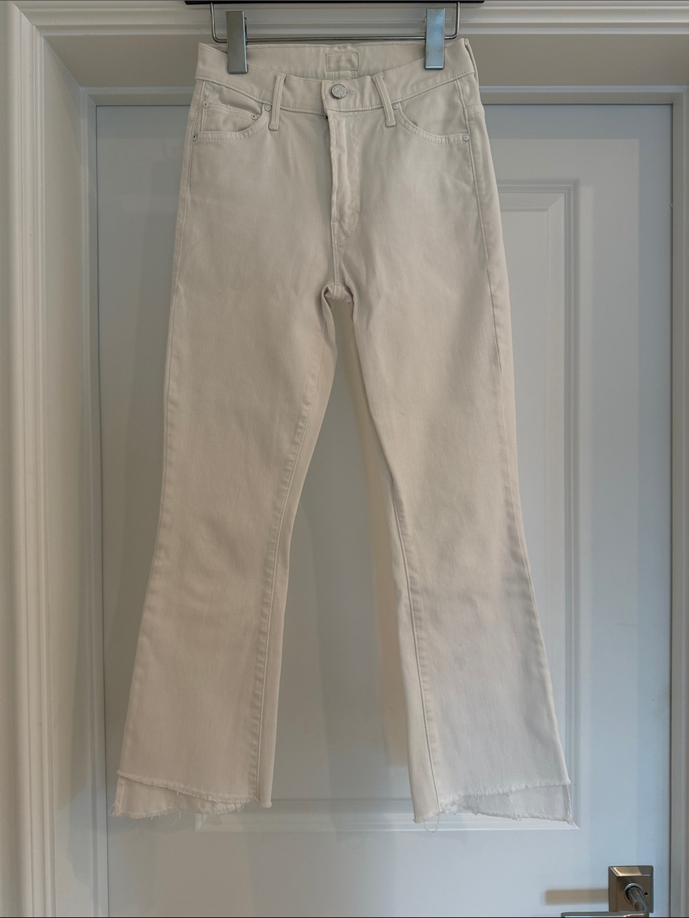 MOTHER Insider Crop Step Fray Jeans in white “glass slipper”